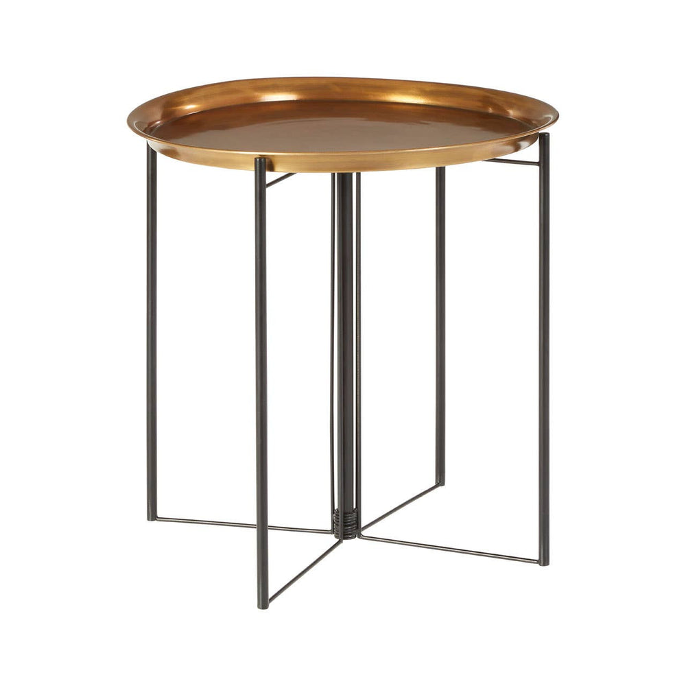 Round side table featuring a brass finish top and a black metal frame with a geometric design, suitable for home decor