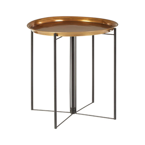 Round side table featuring a brass finish top and a black metal frame with a geometric design, suitable for home decor