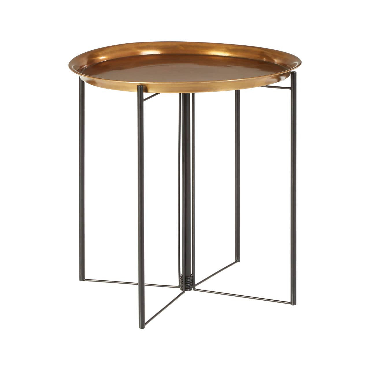 Round side table featuring a brass finish top and a black metal frame with a geometric design, suitable for home decor