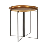 Round side table featuring a brass finish top and a black metal frame with a geometric design, suitable for home decor