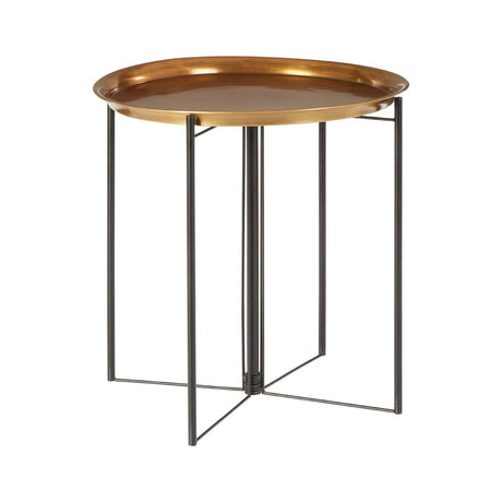 Round side table featuring a brass finish top and a black metal frame with a geometric design, suitable for home decor