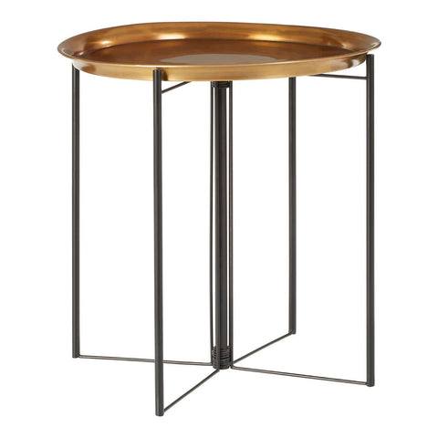 A large side table featuring a round brass top with a shiny finish, supported by a sleek black metal frame with four legs. The design is modern and minimalist, showcasing a combination of materials that adds elegance to any space