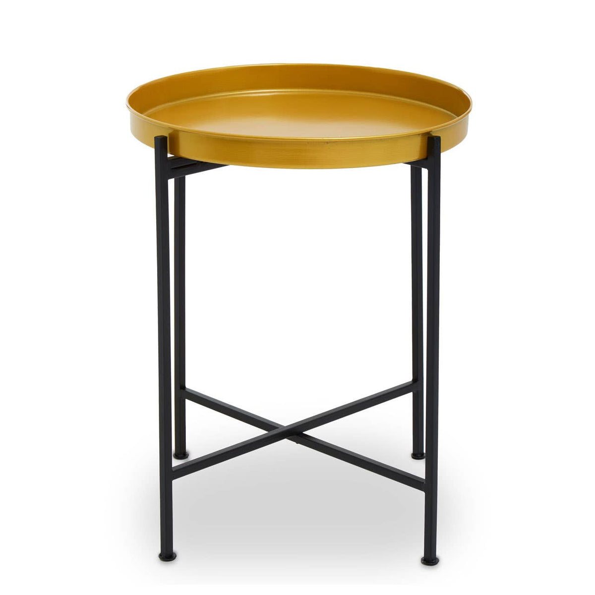Small side table featuring a round brass top with a smooth finish, supported by a sleek black metal frame with crossbar detailing for stability. The design is modern and minimalist, suitable for various home decor styles