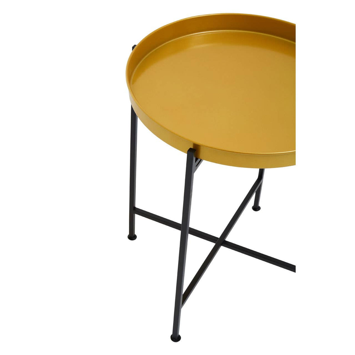 Small side table featuring a round brass tray top with a raised edge, supported by slender black metal legs that create a modern and minimalist aesthetic