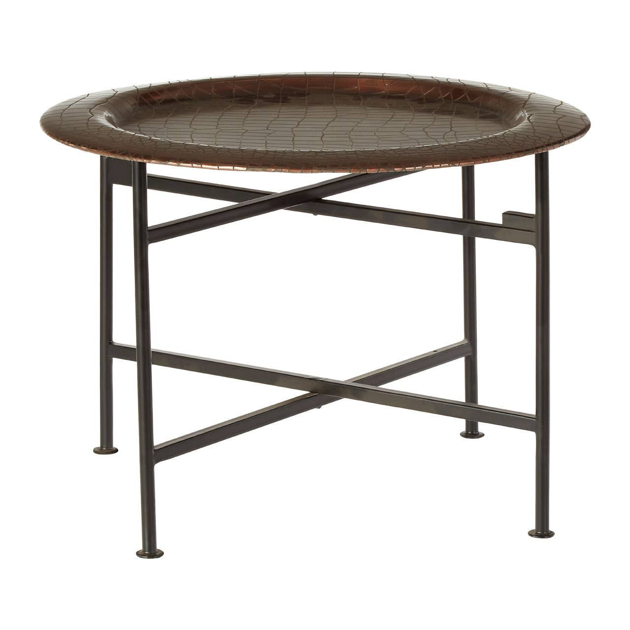 Round side table featuring a copper finish with a crocodile texture on the surface. The table has a sturdy metal frame with a crossbar design for support, and it stands on four slender legs. The overall design is modern and stylish, suitable for various home decor settings