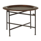 Round side table featuring a copper finish with a crocodile texture on the surface. The table has a sturdy metal frame with a crossbar design for support, and it stands on four slender legs. The overall design is modern and stylish, suitable for various home decor settings