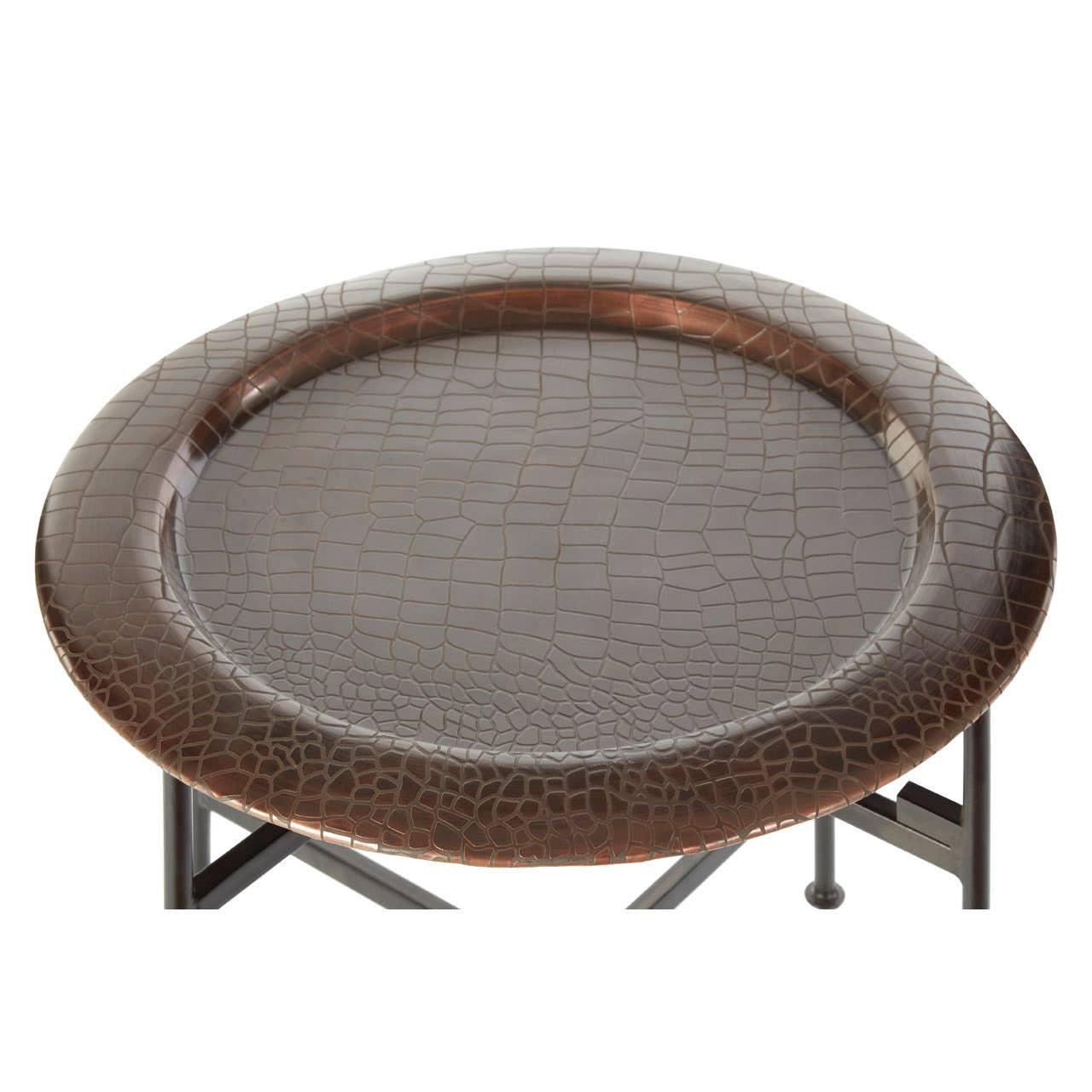 Round side table featuring a copper finish with a crocodile texture on the surface, supported by a sleek metal base. The table has a smooth, shiny appearance and a contemporary design, suitable for modern home decor
