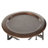 Round side table featuring a copper finish with a crocodile texture on the surface, supported by a sleek metal base. The table has a smooth, shiny appearance and a contemporary design, suitable for modern home decor