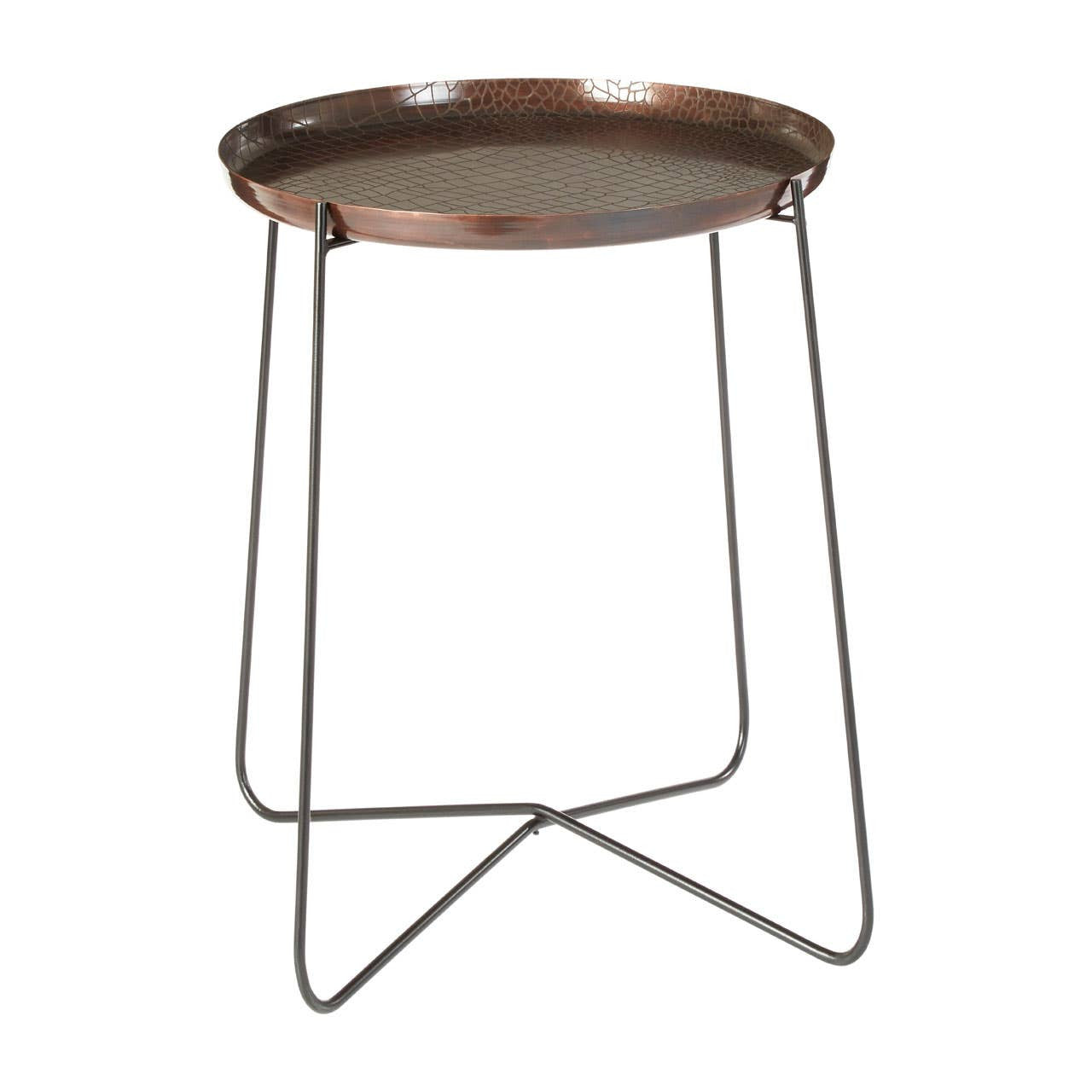 Round side table featuring a copper finish with a crocodile texture on the surface, supported by slender black metal legs that form a geometric design. The table has a smooth, reflective top and a modern aesthetic suitable for various home decor styles