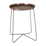 Round side table featuring a copper finish with a crocodile texture on the surface, supported by slender black metal legs that form a geometric design. The table has a smooth, reflective top and a modern aesthetic suitable for various home decor styles