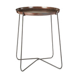 Round side table featuring a copper finish with a crocodile texture on the surface, supported by thin black metal legs that create a modern and stylish look. The table has a shallow lip around the edge for added design detail