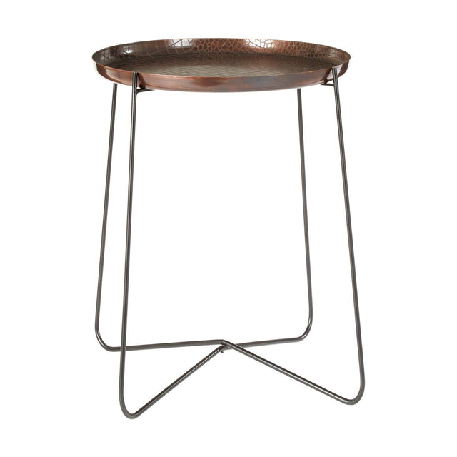 Round side table featuring a copper finish with a crocodile texture on the surface, supported by thin black metal legs that create a modern and stylish look. The table has a shallow lip around the edge for added design detail