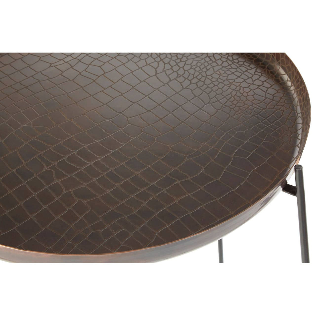 Round side table featuring a copper finish with a crocodile texture on the surface, complemented by black metal legs. The table has a smooth, circular top with a distinctive pattern and a sleek design suitable for modern home decor