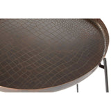 Round side table featuring a copper finish with a crocodile texture on the surface, complemented by black metal legs. The table has a smooth, circular top with a distinctive pattern and a sleek design suitable for modern home decor