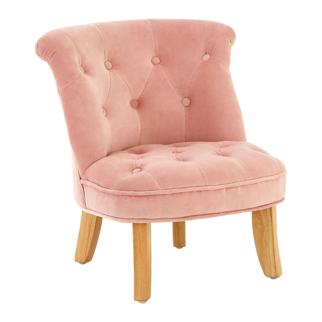 A pink velvet kids chair with a curved backrest, tufted detailing, and wooden legs. The chair features a soft, plush seat designed for comfort and is suitable for children's rooms or play areas
