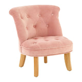A pink velvet kids chair with a curved backrest, tufted detailing, and wooden legs. The chair features a soft, plush seat designed for comfort and is suitable for children's rooms or play areas