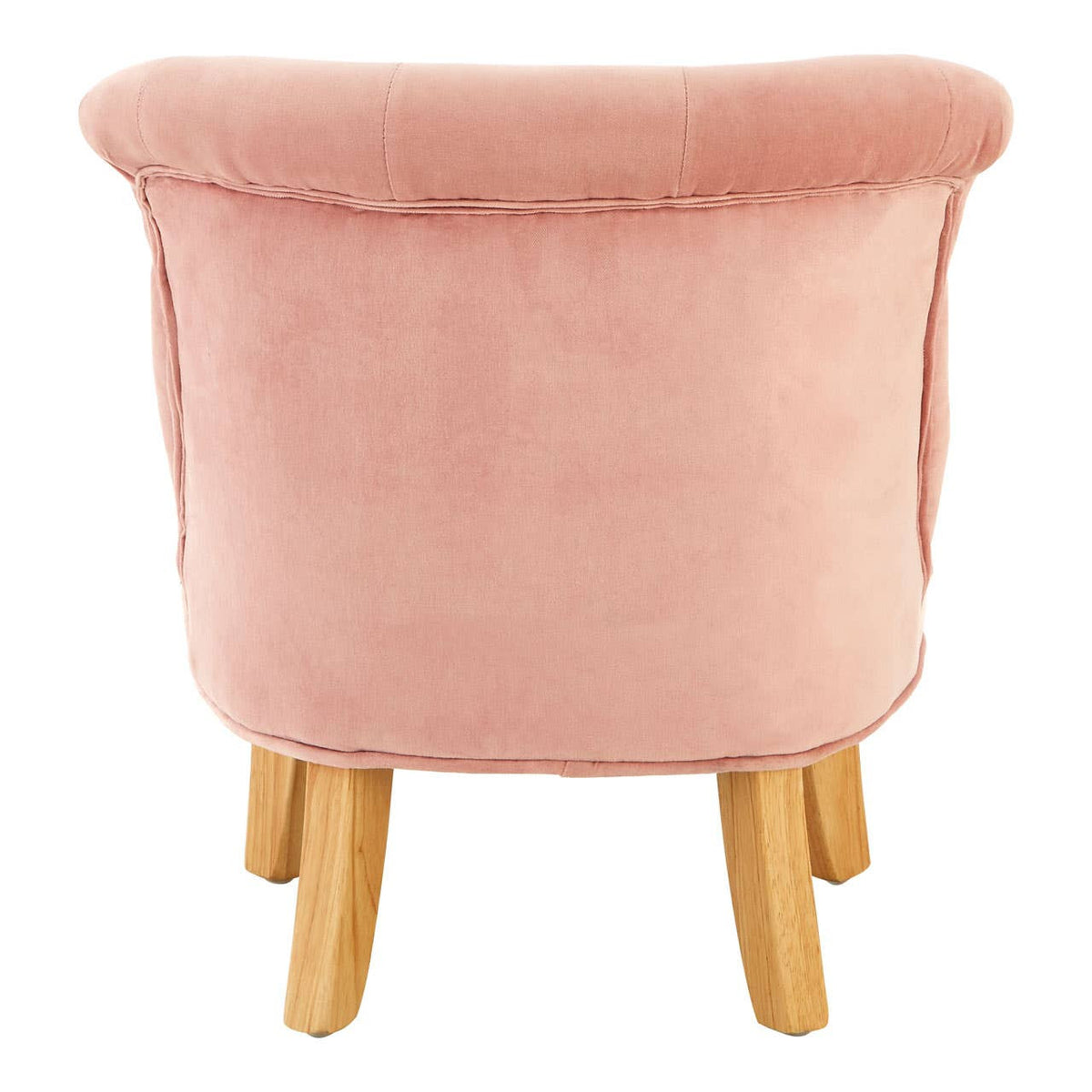 A pink velvet kids chair with a rounded back and four light wooden legs, designed for comfort and style in a child's room