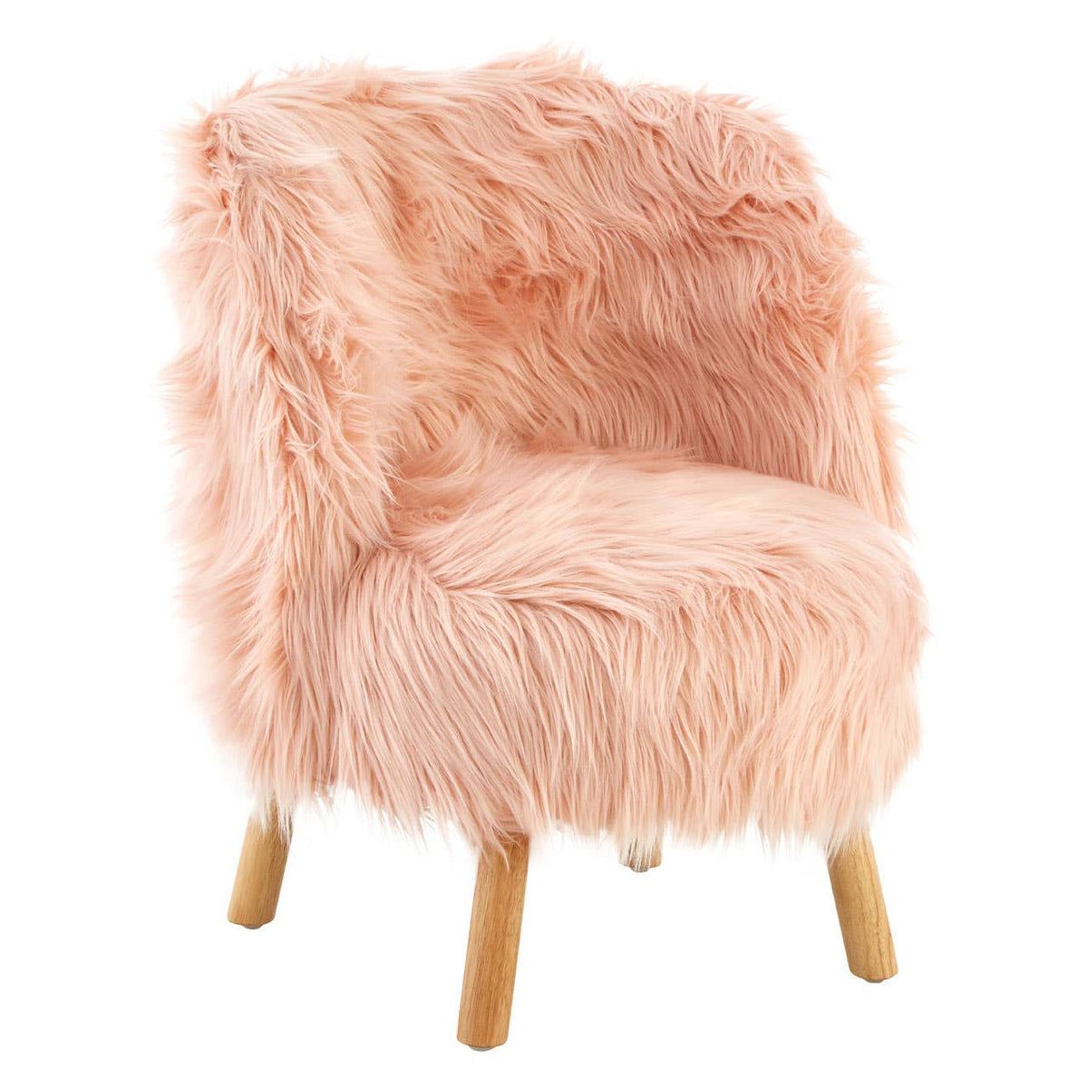 A cozy kids chair covered in soft pink faux fur, featuring a rounded back and armrests, supported by light wooden legs