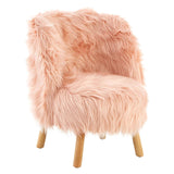 A cozy kids chair covered in soft pink faux fur, featuring a rounded back and armrests, supported by light wooden legs