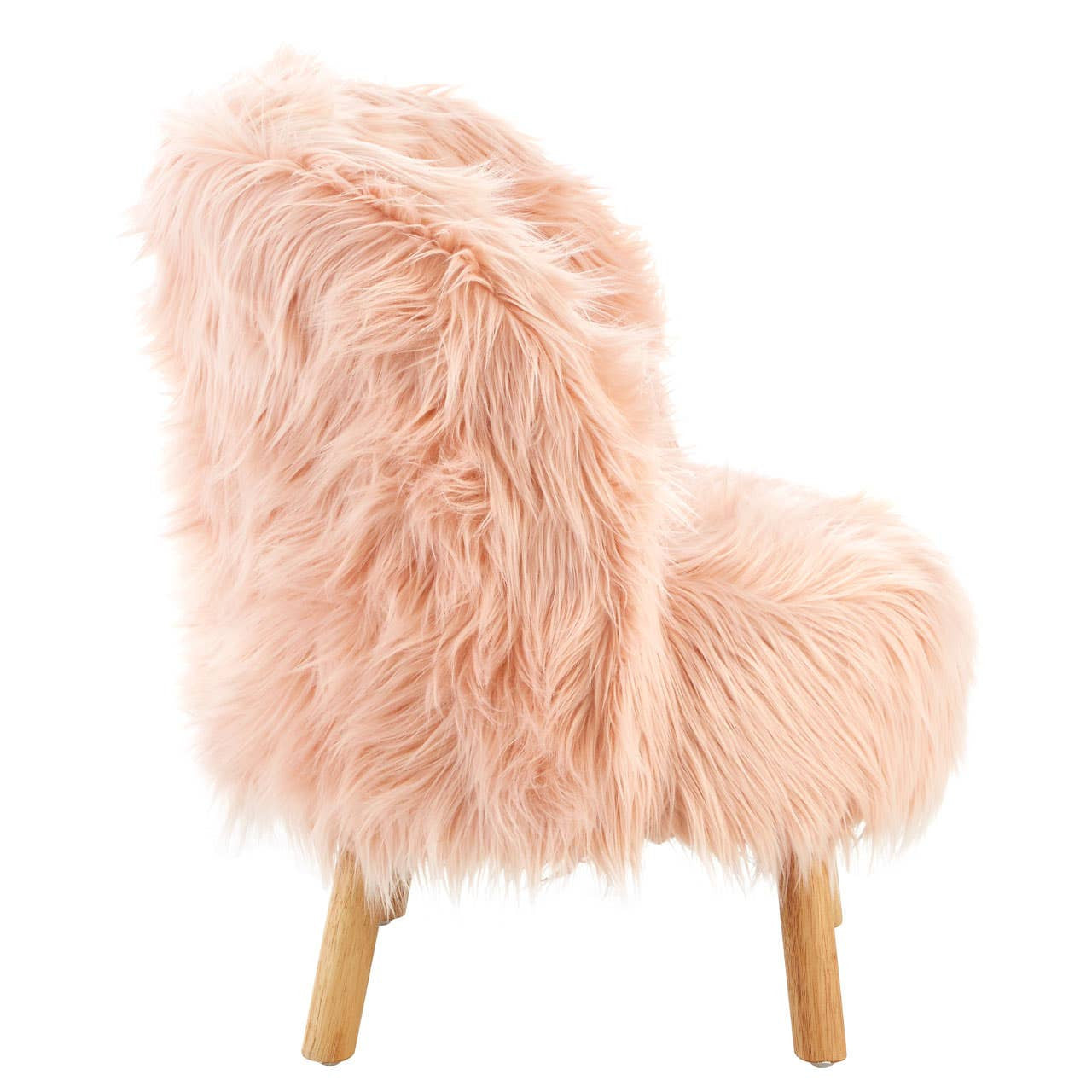 A cozy kids chair covered in soft pink faux fur, featuring a rounded backrest and short wooden legs, designed for comfort and style in a child's room