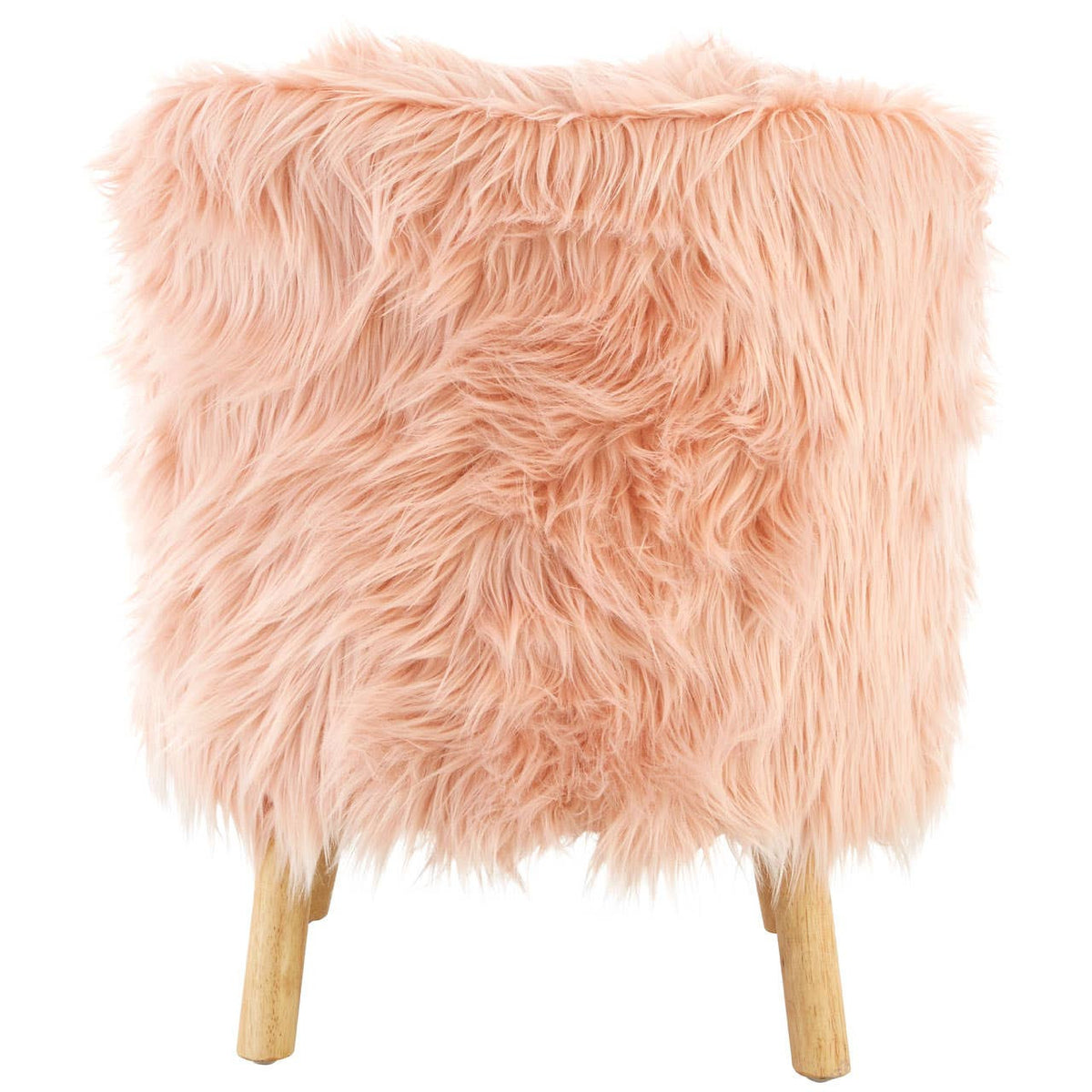 Soft pink faux fur chair with a fluffy texture and wooden legs, designed for kids. The chair has a rounded shape and a cozy appearance, perfect for a child's room or play area