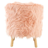 Soft pink faux fur chair with a fluffy texture and wooden legs, designed for kids. The chair has a rounded shape and a cozy appearance, perfect for a child's room or play area