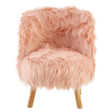 A cozy kids' chair covered in soft pink faux fur, featuring a rounded back and seat, supported by light wooden legs