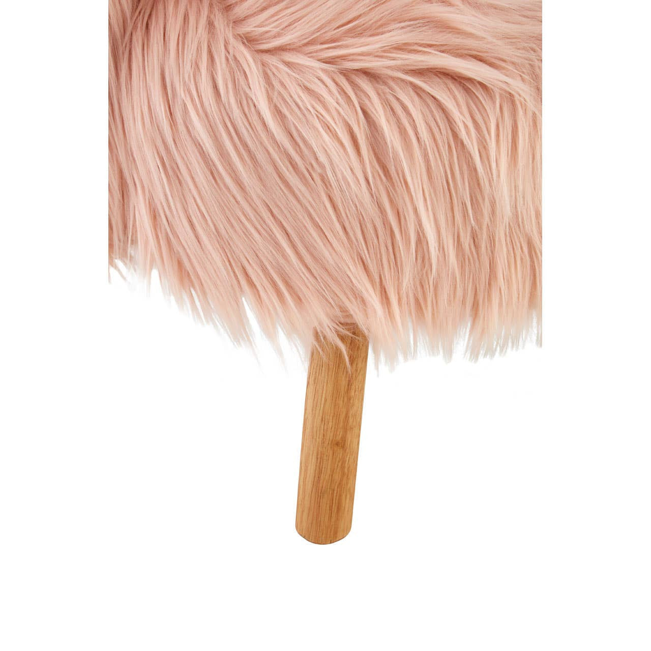 Soft pink faux fur chair with a plush texture, featuring a wooden base support. The chair's fluffy surface is inviting and cozy, ideal for a child's room
