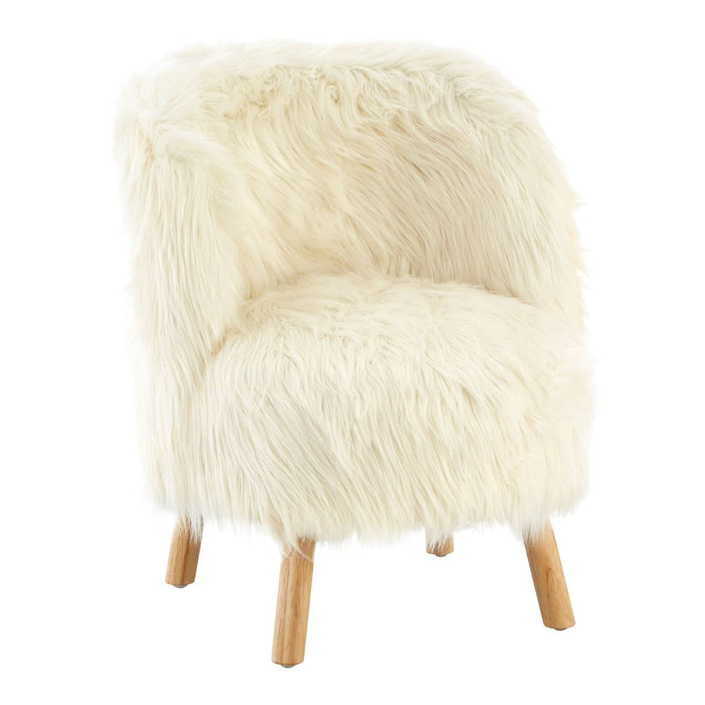 Cozy white faux fur chair with a rounded back and soft texture, supported by light wooden legs, designed for kids' spaces
