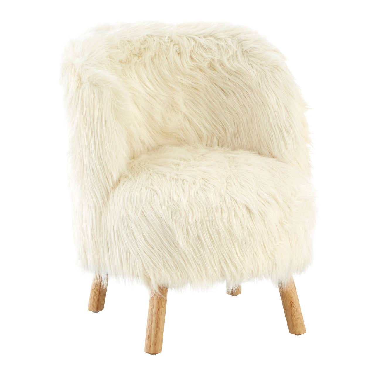 Cozy white faux fur chair with a rounded back and soft texture, supported by light wooden legs, designed for kids' spaces