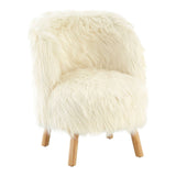 Cozy white faux fur chair with a rounded back and soft texture, supported by light wooden legs, designed for kids' spaces