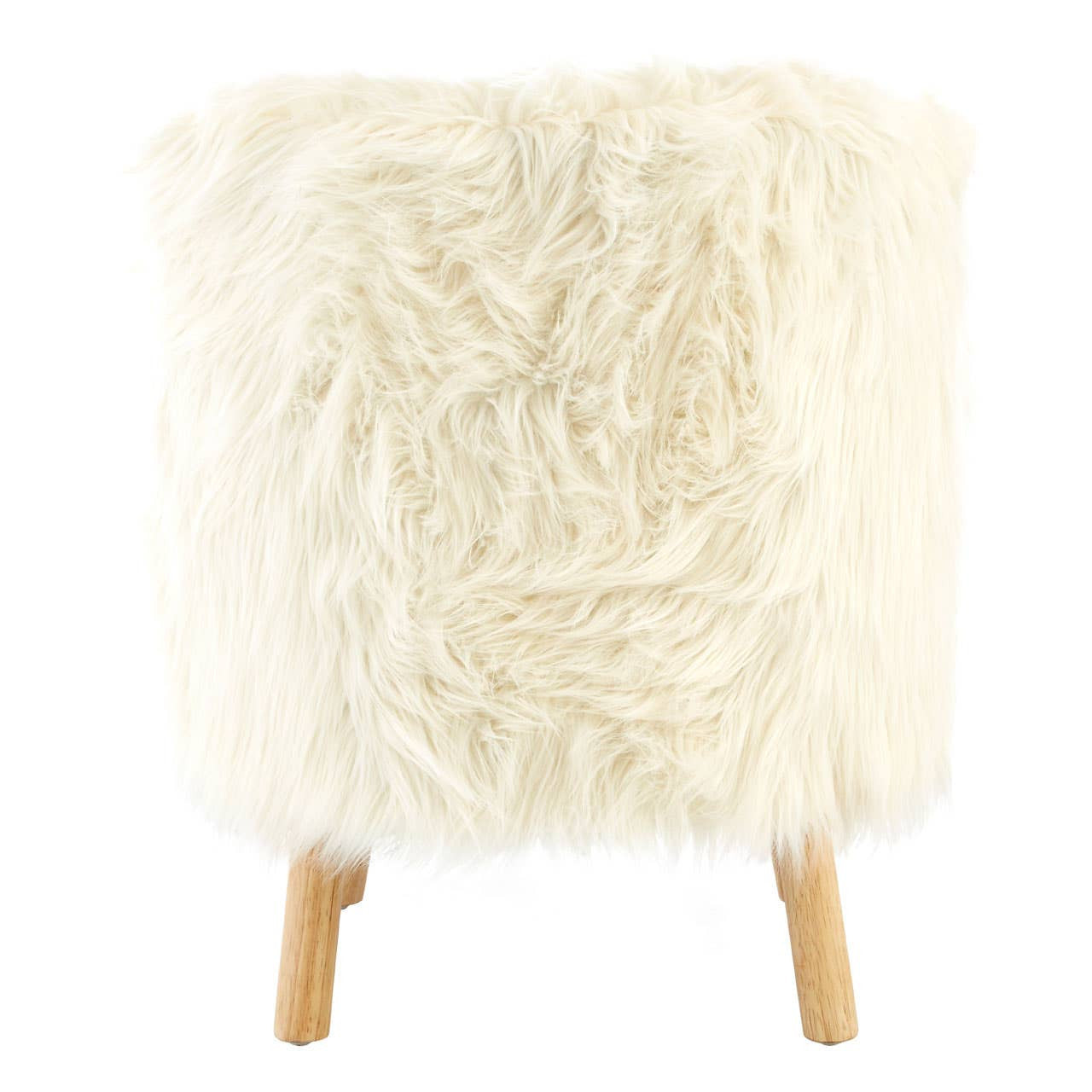 A cozy kids' chair covered in soft white faux fur, featuring a rounded shape and wooden legs for stability. The plush texture adds a playful touch to any child's room
