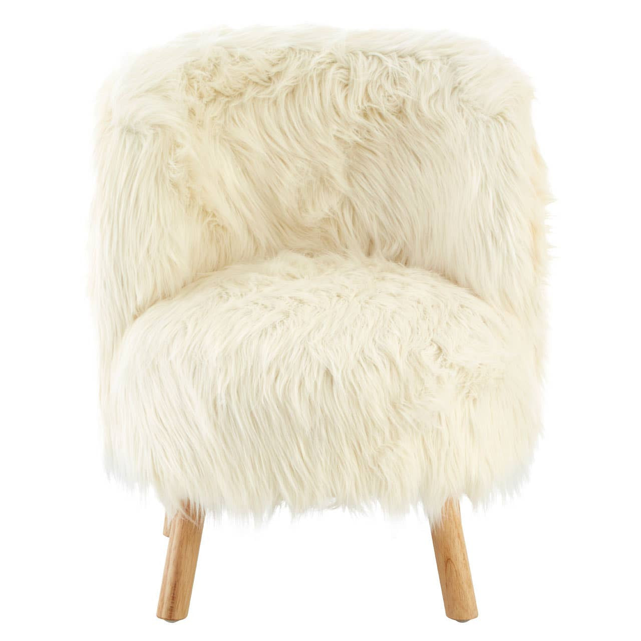 Cozy white faux fur chair designed for kids, featuring a rounded back and plush seat, supported by light wooden legs. The soft texture and neutral color make it a stylish addition to any child's room