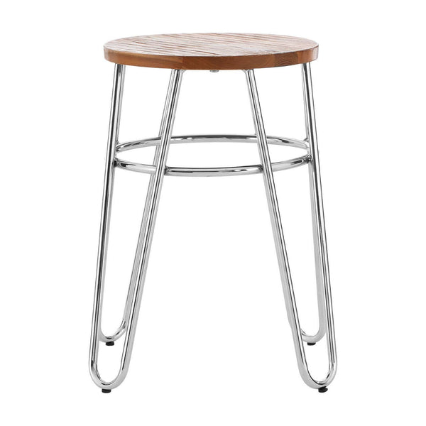 A stool featuring a round wooden top and sleek metal hairpin legs, showcasing a modern design with a natural wood finish and a shiny silver base. The legs are slender and angled, providing a minimalist aesthetic suitable for various home decor styles