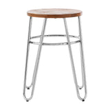 A stool featuring a round wooden top and sleek metal hairpin legs, showcasing a modern design with a natural wood finish and a shiny silver base. The legs are slender and angled, providing a minimalist aesthetic suitable for various home decor styles