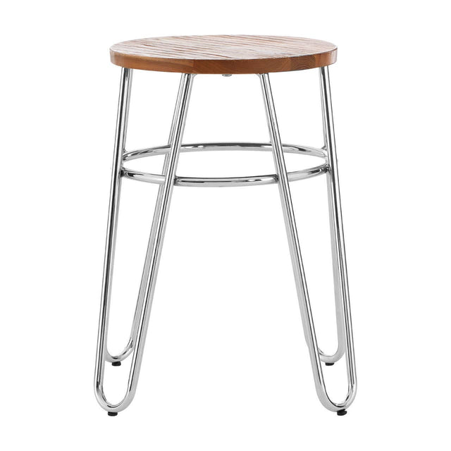 A stool featuring a round wooden top and sleek metal hairpin legs, showcasing a modern design with a natural wood finish and a shiny silver base. The legs are slender and angled, providing a minimalist aesthetic suitable for various home decor styles