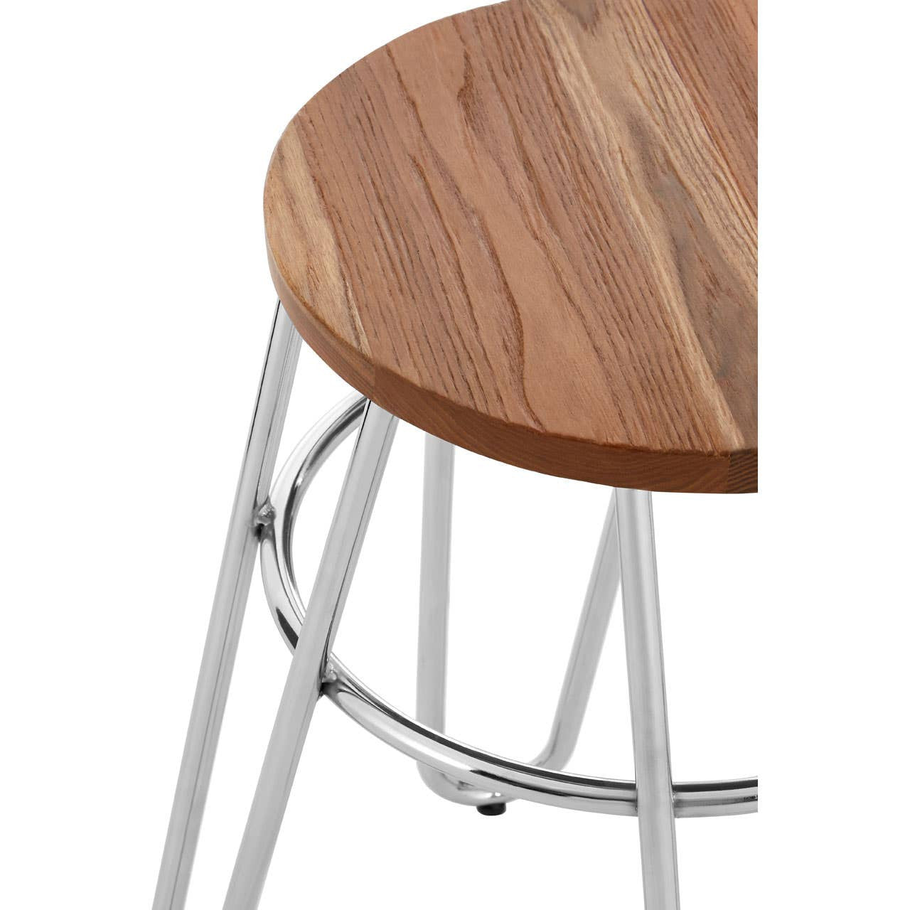 Round wooden stool top with a smooth, natural finish, supported by sleek, silver hairpin legs. The design features a circular shape and a minimalist aesthetic, showcasing the contrast between the warm wood and the metallic legs