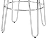 A stool featuring a sleek wood top supported by thin, metallic hairpin legs, showcasing a modern and minimalist design. The legs are finished in a shiny chrome, adding a contemporary touch to the overall aesthetic