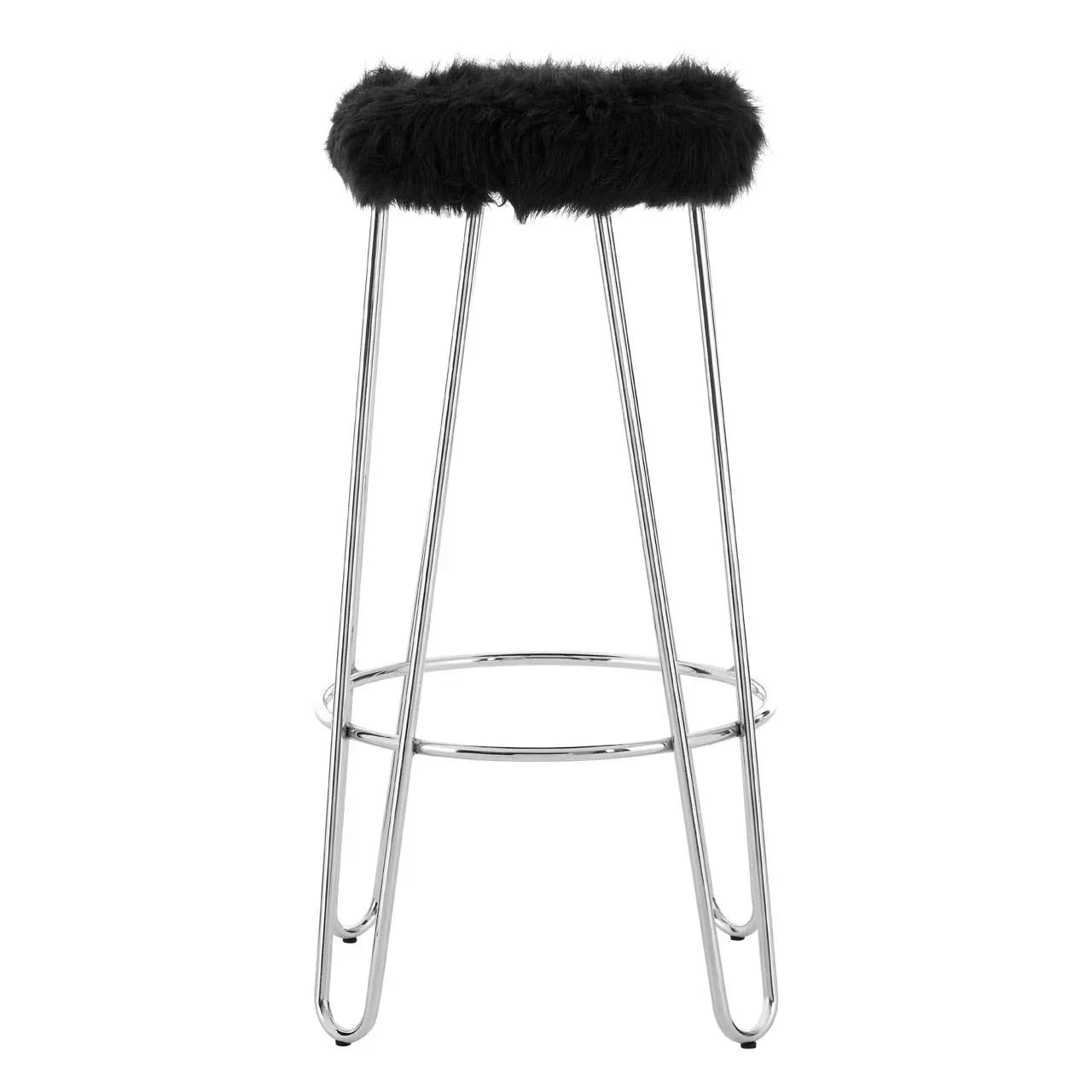 Black faux fur bar stool with chrome metal legs and circular footrest
