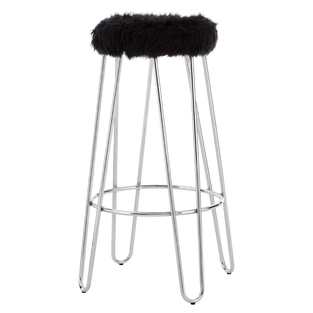 Black faux fur bar stool with chrome legs and circular footrest