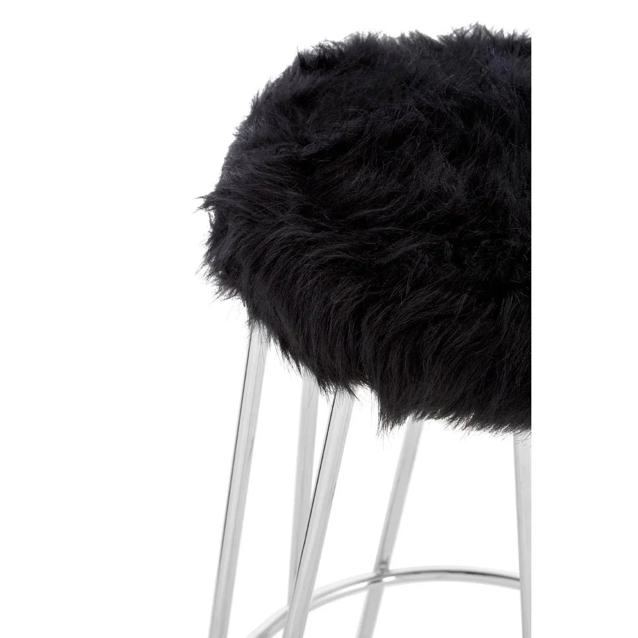 Black faux fur bar stool seat with chrome legs, close-up angle