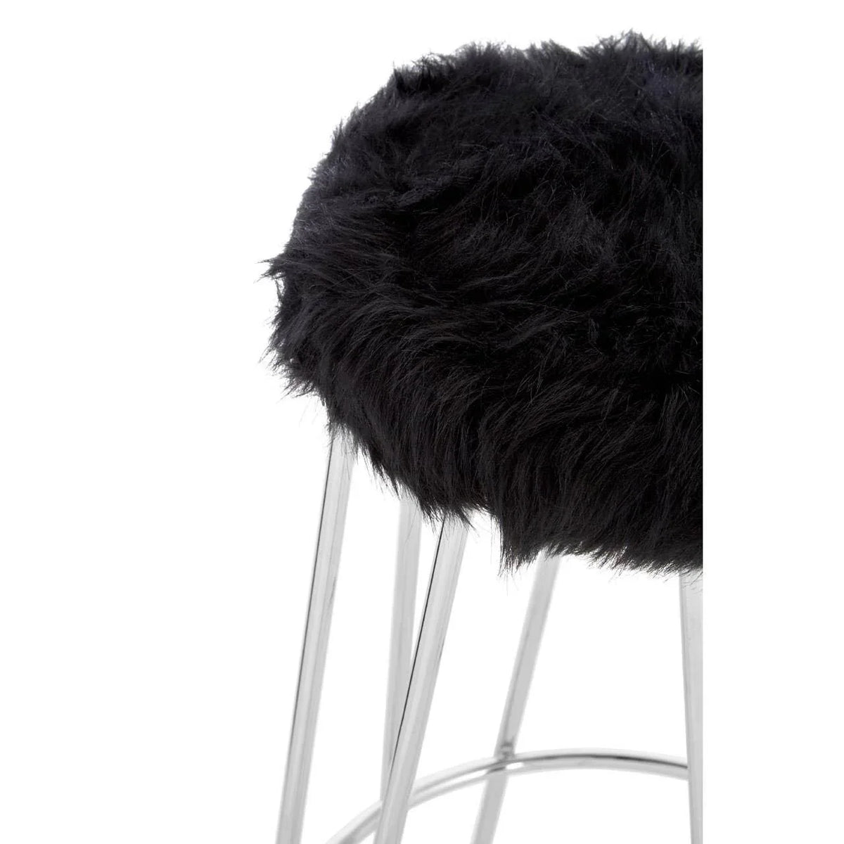 Black faux fur bar stool seat with chrome legs, close-up angle