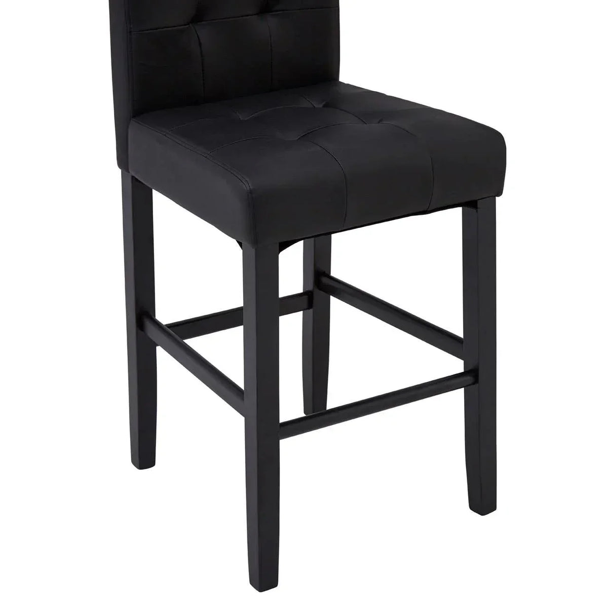Black leather bar stool with tufted seat and wooden legs, front angled view