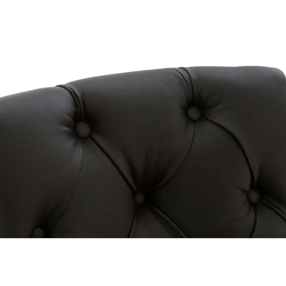 Close up of black leather tufted sofa backrest with button detail