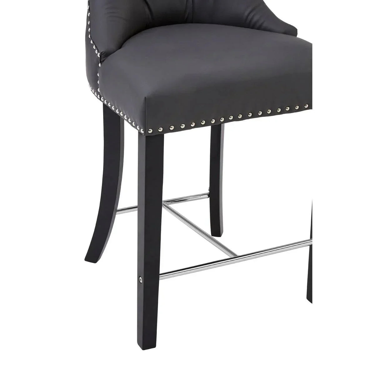 Black bar stool with studded trim, padded seat and metal footrest, front angle view