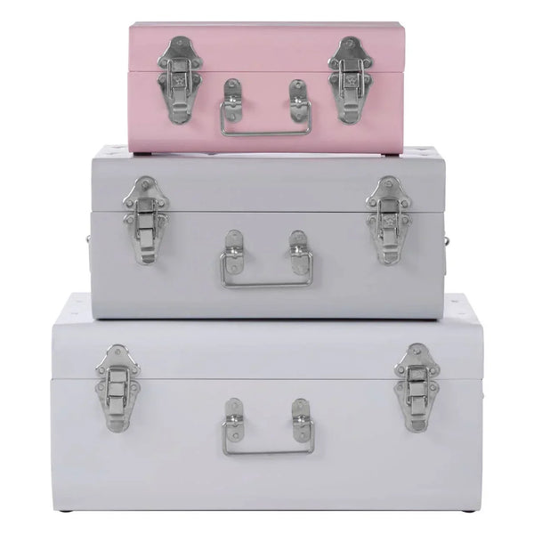 Set of three pastel metal storage trunks with silver latches in pink, grey and white