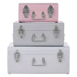 Set of three pastel metal storage trunks with silver latches in pink, grey and white