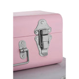 Pink metal storage trunk with silver latch and handle detail, close-up view