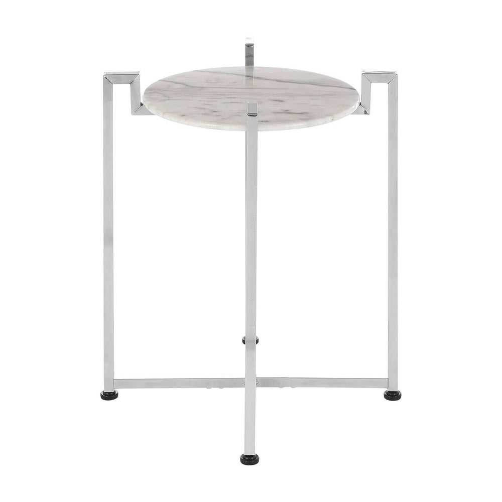 Round white marble side table with a sleek chrome base, featuring a minimalist design and four slender legs. The marble top has subtle veining, and the chrome base adds a modern touch