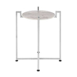 Round white marble side table with a sleek chrome base, featuring a minimalist design and four slender legs. The marble top has subtle veining, and the chrome base adds a modern touch
